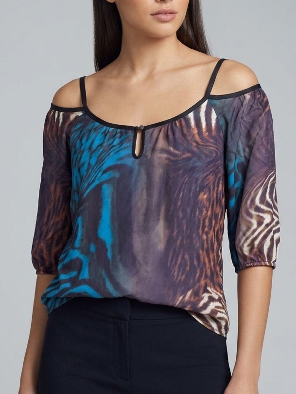Bebe 100% Silk Mixed Animal Print Cold Shoulder Blouse Top Blue Zebra Tiger S